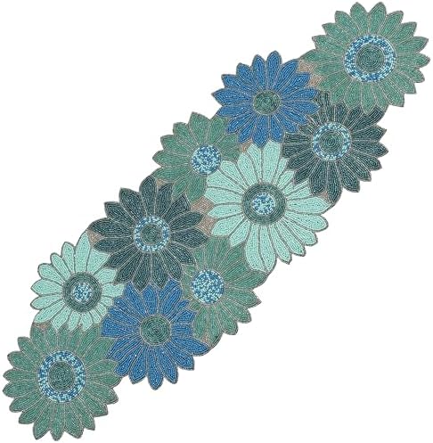 ALPHA Living HOME Bedaed Table Runner- 13x36 Glitz Décor for Farmhouse, Bridal, and Holiday Celebrations Luxury Dining Table Accent, Rustic Chic, Artisan-Made, Modern Floral (Blue) by ALPHALivingHOME