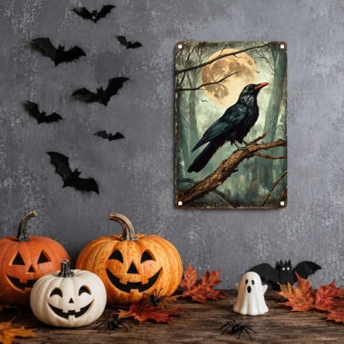 Vintage Metal Tin Sign Halloween Raven Full Moon Forest Dark Gothic Wall Art for Home Office 6×8 Inches with Metal Frame - Image 2