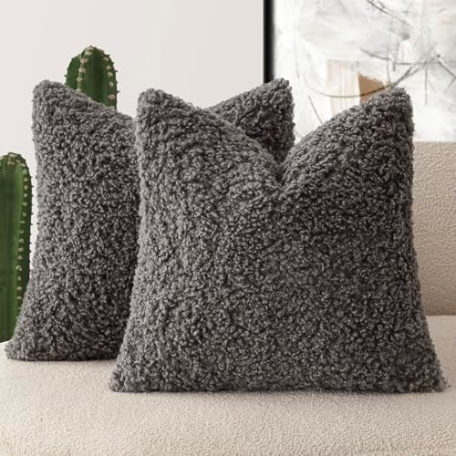 Foindtower Decorative Fuzzy Faux Fur Throw Pillow Covers 20x20 Dark Gray by Foindtower