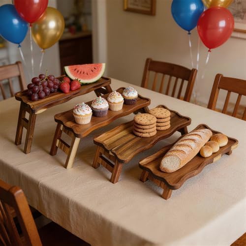 4 Tiered Serving Tray for Party Acacia Wood Foldable Tiered Tray Stand - Image 3