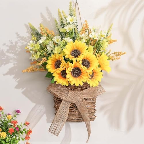 Sunflower Basket Wreath for Front Door - Handwoven Rattan Wreath with Sunflower and Wildflower Bouquet, Farmhouse Spring and Summer Porch Decor by Unknown