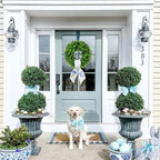 Boxwood Wreath for Front Door Spring Summer Wreaths for Farmhouse,Last Name Initial Year Round Porch Decor,20 inch Geen Wreath with Personalized Monogram sash Embroidered Hydrangea and Letter - (E) - Image 3