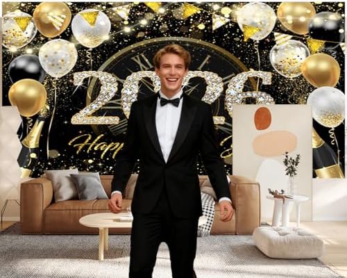 2026 Happy New Year Backdrop 10x8ft Black and Gold New Years Backdrop with Balloons Champagne Photography Background for New Year's Eve Party Photo Props - Image 7