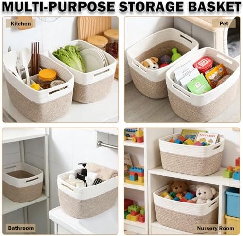 6 Pack Woven Rope Baskets, 12.6"×9"×7.8" Storage Bins, White&Brown - Image 6