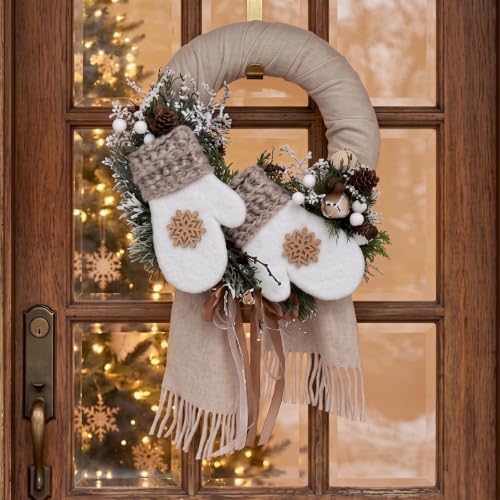 Suncalla 20" Winter Farmhouse Wreath Xmas Door Decor Snowflake Gloves - Image 2