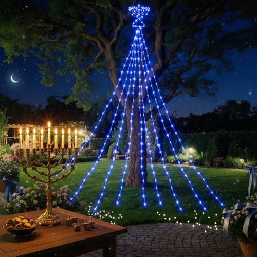 Glooglitter 11.5ft Hanukkah Menorah Lights Outdoor Decor Blue Waterfall LED - Image 5