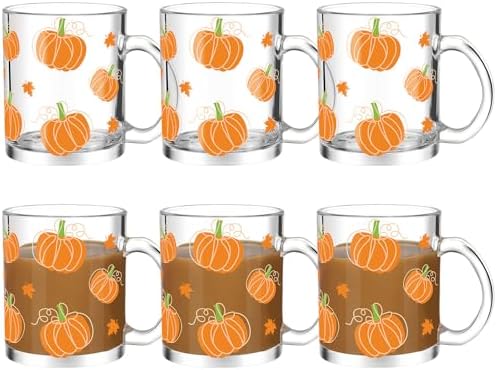 Maxcheck 6 Pack 12 oz Fall Pumpkin Coffee Mugs, Glass Cups Bulk by Maxcheck