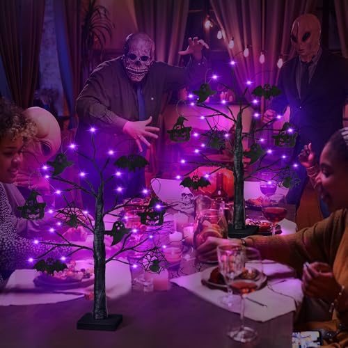 2 Pack 24 Inch Black Halloween Tree with 24 LED Purple Lights, Timer/USB/Battery Operated Halloween Table Decorations Lighted Tree, Cute Halloween Decorations Indoor Home Decor Party Room - Image 5