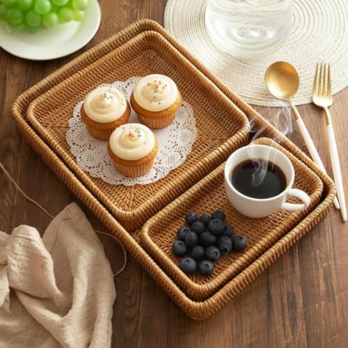 Rattan Serving Tray Set of 3, Rectangular Woven Tray, Natural Wicker Decorative Serving Tray, CoffeeTabletop Vanity Organizer, Bathroom Kitchen Counter, (S 4.3 x 8.3), (M 8.3 x 8.3), (L14.6 × 9.1) - Image 5
