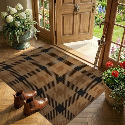 3x4 Entryway Door Mat Indoor – Washable Non Slip Small Rug for Front Door, Kitchen Sink, Mudroom, Garage Entry, Low Profile Easy Clean Farmhouse Plaid Floor Mat by JTJ