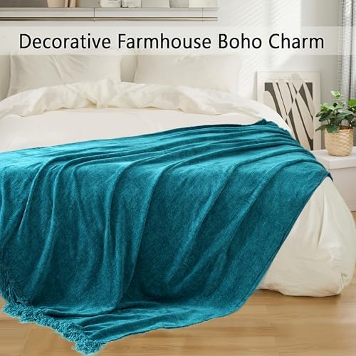 Chenille Throw Blanket for Couch 60" x 80" Twin, Teal - Image 5