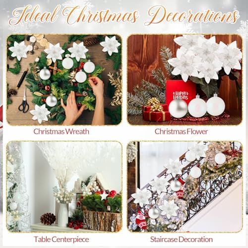 Realspring 72 Pieces Christmas Tree Ornament Set Xmas Assorted Decorations Bulk Glitter Poinsettia Berry Picks Topper Star Sequin Tree Skirts for Home Wreaths Holiday Party Favors (White) - Image 5