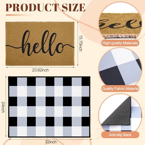 2pcs Layered Doormat Set, Welcome Door Mat for Outdoor Front Door, 16x24 PVC Coil & 24x32 Crystal Velvet Non-Slip Layering Entry Mats for Farmhouse Porch Decoration（Hello, Buffalo Plaid） - Image 2