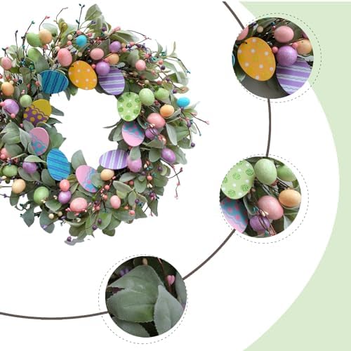 24 Inch Spring Easter Eggs Wreath with Lamb Ears Leaves for Front Door, Glitter Eggs Green Leaves Door Wreath with Berries for Indoor and Outdoor, Easter Egg for Home Decor - Image 2