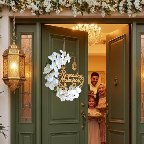 Lineshading Eid Ramadan Mubarak Wreaths Ramadan Decorations for Home Front Door Eid Decor Round Metal Hoop Floral Hanging Garland for Wall Window Indoors Outdoor Farmhouse Decor (Classic) - Image 4