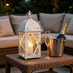 17" Vintage Distressed White Metal Lantern, Glass Paneled Hanging Candle Lantern, Rustic Farmhouse Decor for Indoor & Outdoor Patio, Garden, Wedding & Entryway Display - Image 5