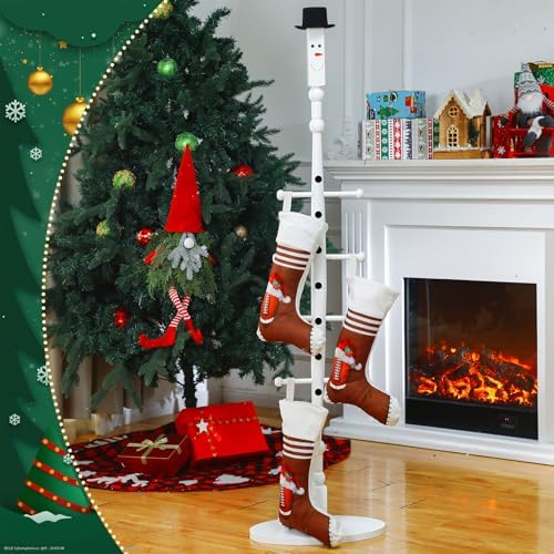 Shellwei 60 Inch Christmas Wooden Freestanding Stocking Holder with Santa Claus Snowman Hat and Hanger Stickers Xmas Stocking Stand with 8 Removable Hooks Floor Holiday Decor(Snowman) - Image 4