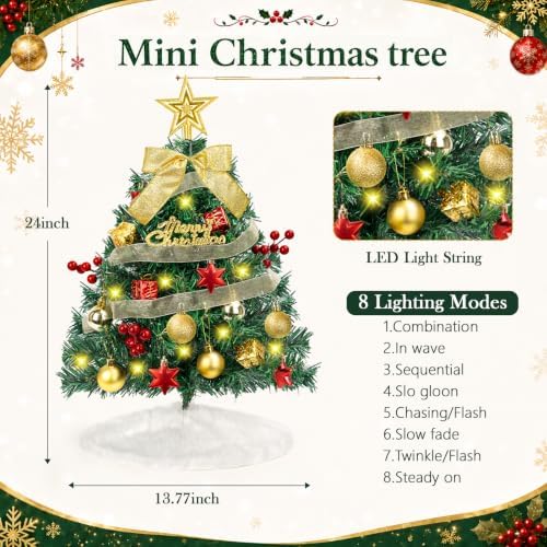 2FT Mini Christmas Tree with 40 Lights, Balls Tree Skirt 8 Lighting Modes - Image 4