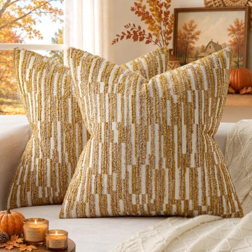 Boho Striped Decorative Throw Pillow Covers 24"X24"Set of 2 Mustard Yellow by amoment