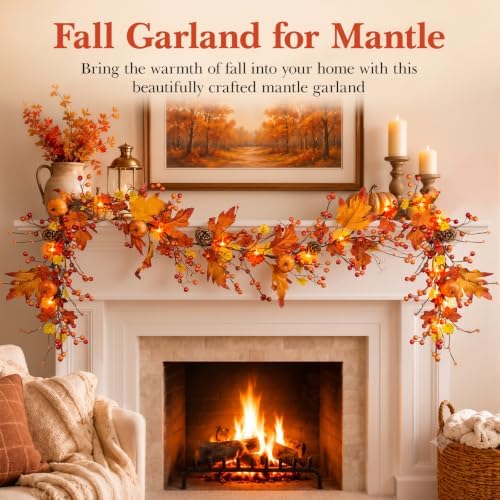 6 FT Fall Garland with 20 Lights & Timer, Pre-lit Lighted Fall Leaves Garland with Pumpkins Pine Cones Berries, Battery Operated Autumn Berry Garland Decor for Mantle Table Fireplace Thanksgiving - Image 2