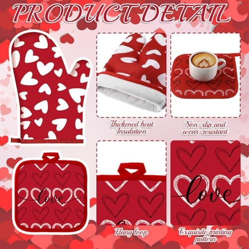 VitalCozy 10 Pcs Valentine's Day Kitchen Decor Set Heart Kitchen Towels and Rugs Oven Mitts and Pot Holders Set Absorbent Tea Hand Towels for Chef Baking Cooking Grilling BBQ Gift - Image 4