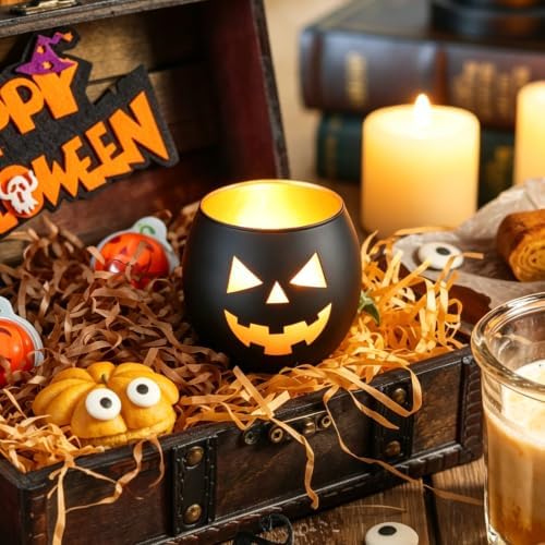 SHMILMH Halloween Table Centerpiece Candle Holders Set of 12, Black and Gold Glass Votive Holder with 6 Grimace, Tealight Holders Bulk for Halloween Party Decor - Image 2