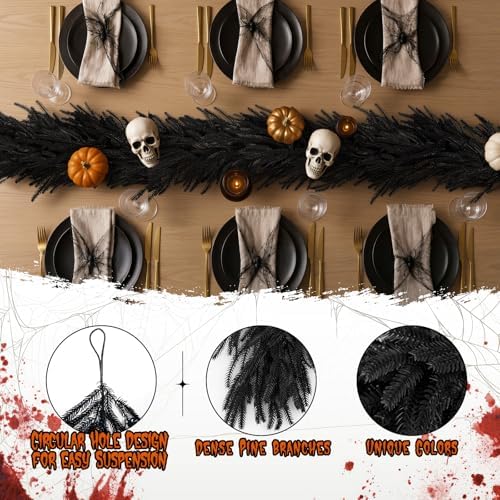 N&T NIETING 9FT Black Garland Artificial Norfolk Pine Garland Real Touch Halloween Garlands Faux Garland for Table Mantle Holiday Fireplace Indoor Outdoor Christmas Gothic Stairs Decorations - Image 3