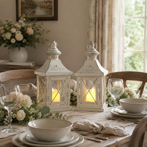 TRIROCKS Set of 2 Decorative Candle Lantern 11'' High Metal Candle Holder Hanging Lantern Perfect for Home Decor Halloween Living Room Parties Events Tabletop Indoors Outdoors (White with Gold Brush) - Image 3
