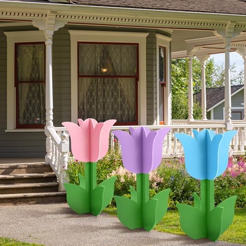 3 Pcs Spring Outdoor Tulip Decorations 3D Large Wooden Tulip Yard Signs Rustic Flower Porch Decorations for Home Spring Party Porch Yard Garden Front Door, 15.75 Inch - Image 4