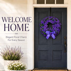 18" Purple Artificial Wreath for Front Door - All Season Faux Floral Wreath with Elegant Silk Bow for Spring Summer Wall Window Farmhouse Decor, Ideal Wedding - Image 2