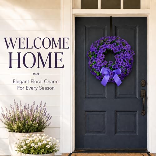 18" Purple Artificial Wreath for Front Door - All Season Faux Floral Wreath with Elegant Silk Bow for Spring Summer Wall Window Farmhouse Decor, Ideal Wedding - Image 2