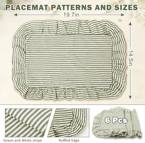 Whaline Vintage Green Cotton Placemats with Ruffle Stripe Kitchen Place Mats for Birthday Party Home Dining Table Decor, Set of 6, 14.5 x 19.7 in - Image 2