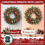 Christmas Wreath with Lights, 2 Pack 20 Inch Christmas Wreaths for Front Door, Large Winter Door Wreath with Ball Ornaments, Berries and Norfolk Pines, Xmas Decor for Indoor Outdoor Wall Windows - Image 5
