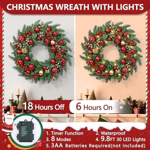 Christmas Wreath with Lights, 2 Pack 20 Inch Christmas Wreaths for Front Door, Large Winter Door Wreath with Ball Ornaments, Berries and Norfolk Pines, Xmas Decor for Indoor Outdoor Wall Windows - Image 5