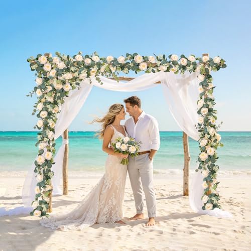 Uguisu 2Pcs Artificial Garland with Roses, 5.9ft Greenery Eucalyptus Garland for Wedding, Party, Mantel, Table, Indoor and Outdoor Decoration. Champagne - Image 2