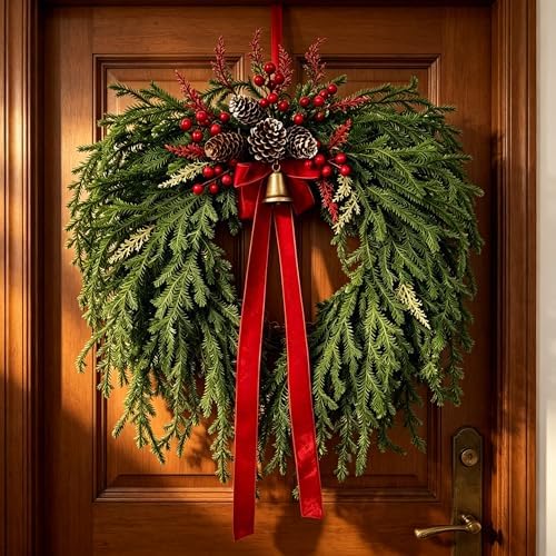 24 Inch Christmas Wreath for Front Door - Artificial Cedar Winter Wreath with Red Velvet Bow, Golden Bell, Pinecones & Red Berries, Farmhouse Holiday Wreath for Indoor Outdoor Christmas Decorations by MEETYEHUA