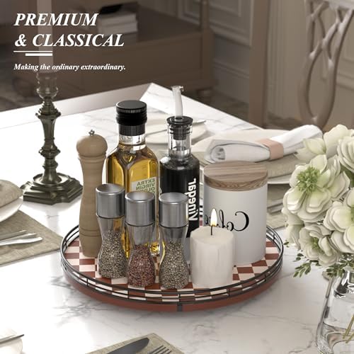 AMH 13-Inch Brown White Checkerboard Lazy Susan with Black Metal Rail - Image 4