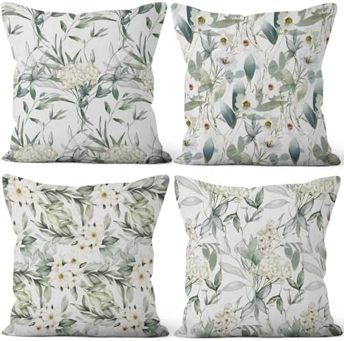 4 Pcs/Set Flowers Pillow Covers Summer White Floral Green Leaves Plants Watercolor Natural Scenery Linen Throw Pillow Covers for Outdoor Couch Sofa Farmhouse Bedroom Decor, 26"x26" by VieSavaran