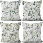 4 Pcs/Set Flowers Pillow Covers Summer White Floral Green Leaves Plants Watercolor Natural Scenery Linen Throw Pillow Covers for Outdoor Couch Sofa Farmhouse Bedroom Decor, 24"x24" by VieSavaran