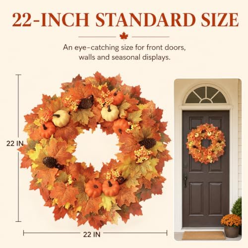Wironlst 22 Inch Fall Wreaths for Front Door with Artificial Maple Leaf - Image 4