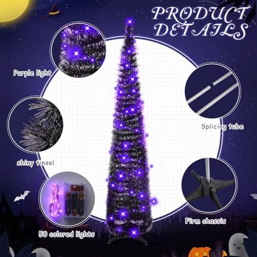 Aoriher 5 ft Pre-lit Pop up Collapsible Black Christmas Tinsel Tree Decor with Purple String Lights Reusable Artificial Sequins Pencil Slim Tree with 4 Legged Bracket Holiday Party Indoor Outdoor Home - Image 3