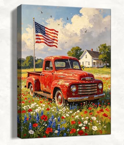 July 4th Patriotic Canvas Wall Art 4th of July USA Decorations American Flag and Old Red Truck Picture Wall Decor Independence Day Home Decor 24x32in by HomeifHue