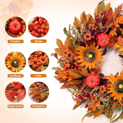 Harvest Fall Wreaths for Front Door - Farmhouse Thanksgiving Wreath Decor - Image 2