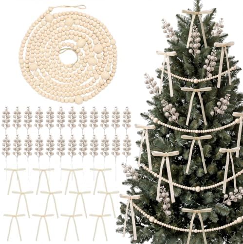 WinnerWhy 49 Pcs Christmas Garland Set, Wood Bead Holly Berry Velvet Bows by WinnerWhy