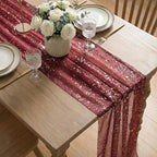 Artoid Mode 10Pcs Burgundy Gauze Gold Table Runner 10FT, Glitter Metallic Foil Sheer Dining Wedding Anniversary Holiday Table Decor for Home Party - Image 6