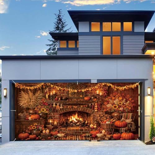 13X6Ft Fall Garage Door Cover Decorations, Autumn Pumpkin Rustic Fireplace Leaves Backdrop Door Cover Fall Thanksgiving Wall Banner Backdrop Background for Home Window Patio Yard by JAWO