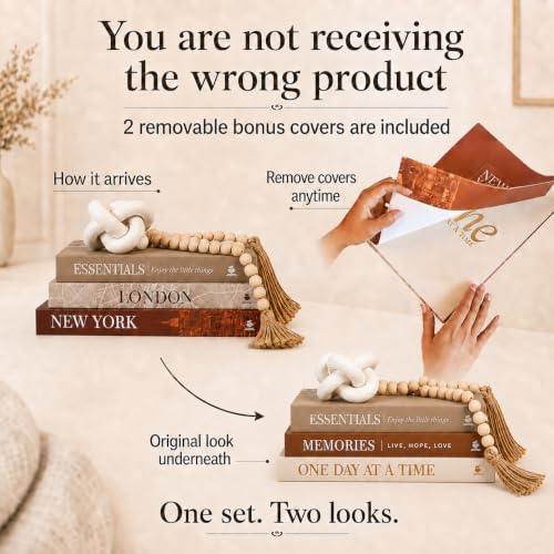 5Pcs Set: 3 Linen Decorative Books for Home Decor, Wood Knot & Bead Garland - Image 2