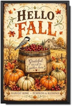 Decorative Tin Sign Vintage Metal Tin Sign Hello Fall Bird Berry Barrel Pumpkins Grateful Hearts Wall Decor for Farmhouse Kitchen Dining Room Porch 8×12 Inches with Metal Frame by Unknown