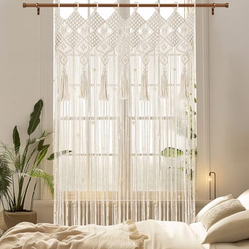 BECHAEO Boho Macrame Beaded Curtain with Tassels, White 2 Panels 35" x 79" - Image 2