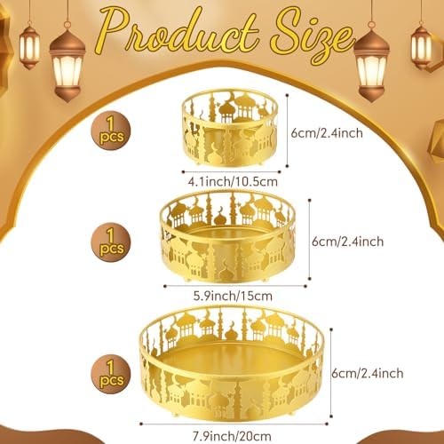 meekoo 5 Pcs Ramadan Serving Trays Eid Mubarak Round Crescent Moon Star Shaped Metal Food Trays Iron Platters for Serving Food Home Islamic Muslim Party Decoration Table (Gold,Castle Hollow Style) - Image 2
